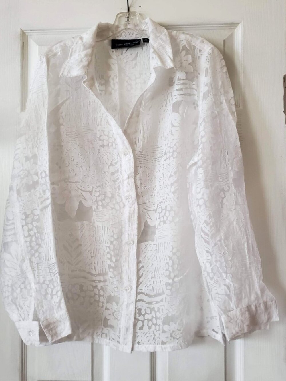 VINTAGE SUSAN GRAVER STYLE SHEER LACE WHITE FLORAL BUTTON UP BLOUSE SIZE XL NWOT